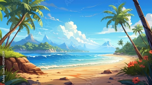Tropical paradise photo realistic illustration - Generative AI. Blue  ocean  palm  beach  sand.