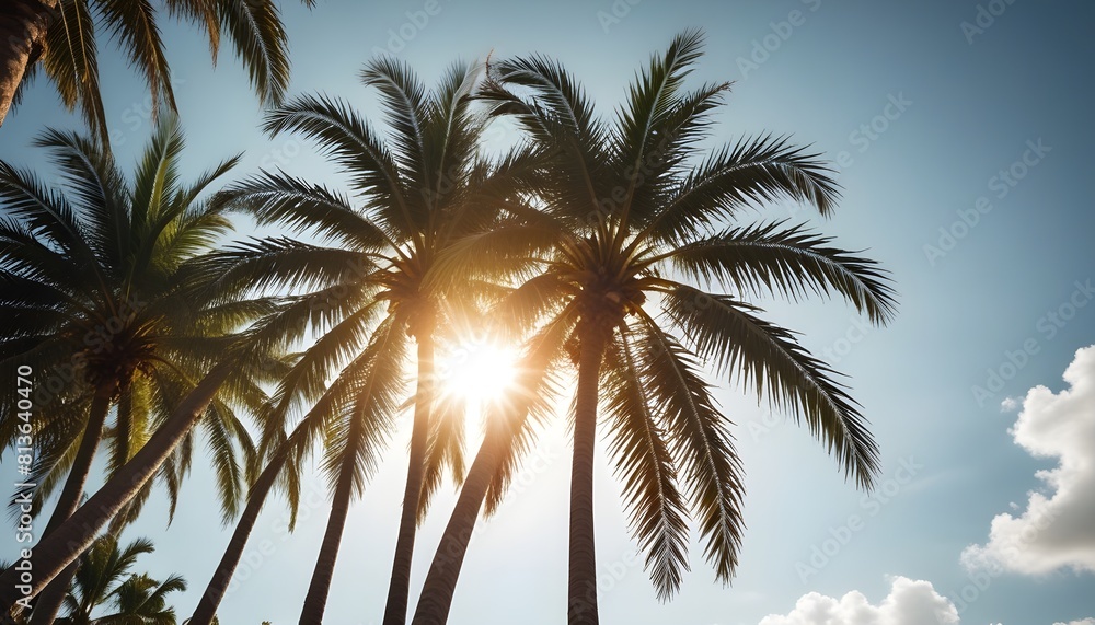 Sunlight filters through tall palm trees on a sunny day, casting shadows on the ground below
