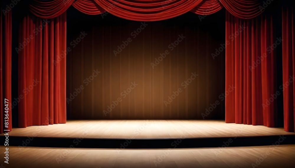 Fototapeta premium A stage with a vibrant red curtain drawn closed, creating an atmosphere of anticipation and excitement