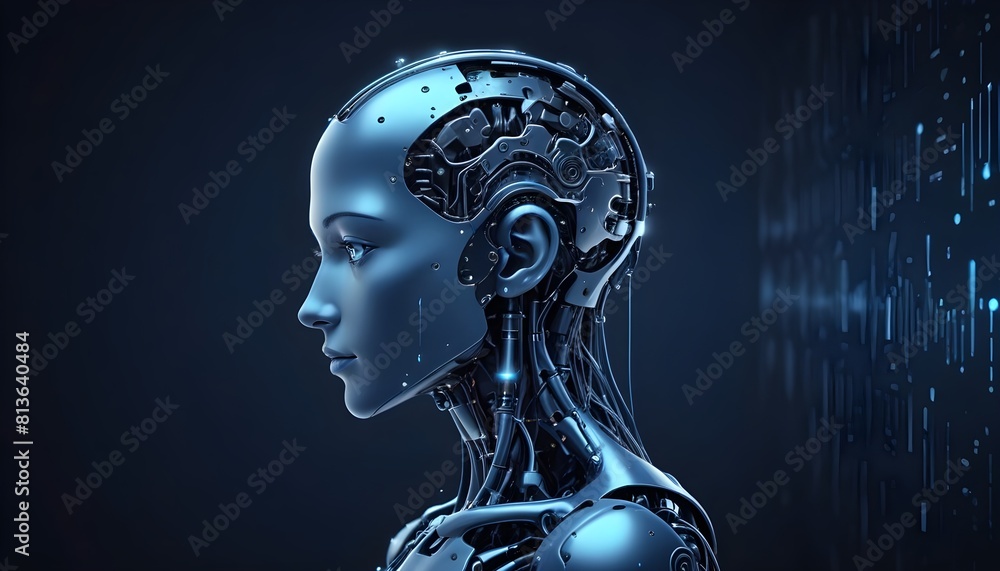 A robot with the head of a woman in a futuristic setting A robot with the head of a woman in a futuristic setting