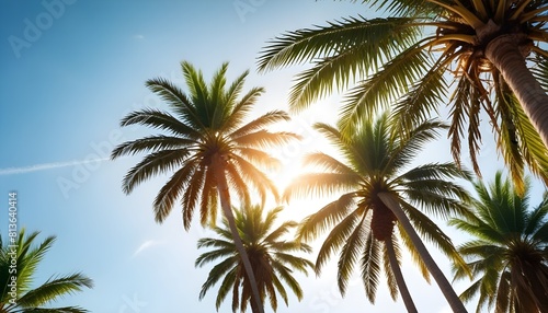 Palm trees stand tall and sway gently in the breeze against a clear blue sky
