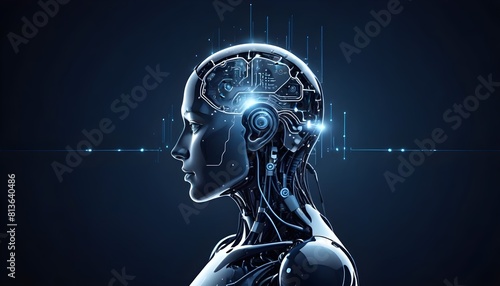 A womans head is in focus in the foreground, with a robot standing in the background