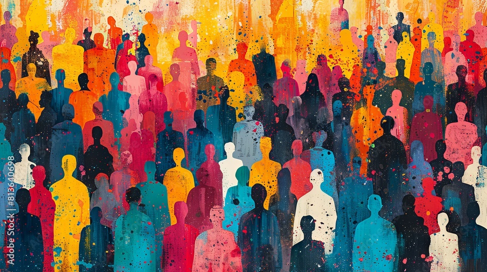 Vibrant Abstract Art Depicting Diverse Crowd of Silhouettes Splashed with Colorful Paints