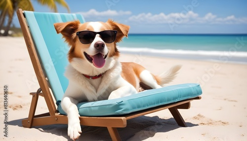 A dog wearing sunglasses is comfortably seated on a beach chair under the sun photo
