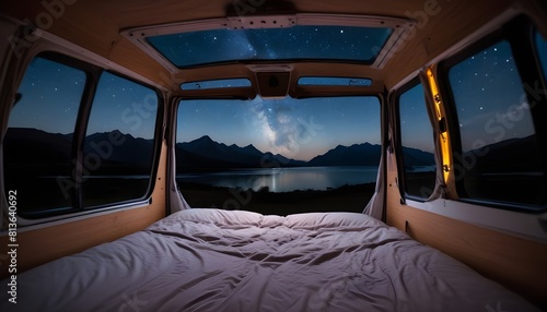A bed is set up inside a camper van, positioned to view the night sky through the open roof