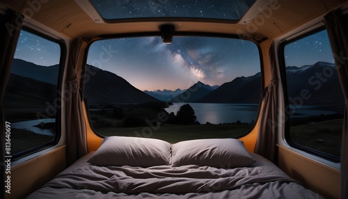 A bed is seen inside a train compartment, with the window revealing the night sky outside