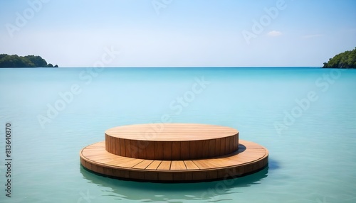 A wooden table stands alone in the vast expanse of the ocean  surrounded by water with no land in sight