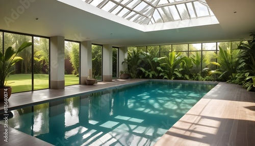 A swimming pool inside a house is illuminated by a skylight, creating a bright and airy atmosphere © Sema