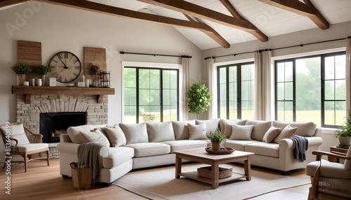 A white living room featuring wooden beams and a fireplace