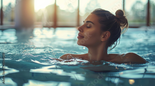 Young woman relaxes in a spa pool  swimming in warm water. Concept of relaxation  rest.
