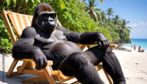 A gorilla is seated on a beach chair, enjoying the sun and the view of the beach