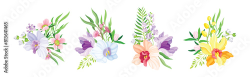 Exotic Bouquet of Orchid and Blooming Twig Vector Set