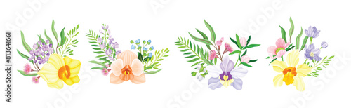 Exotic Bouquet of Orchid and Blooming Twig Vector Set