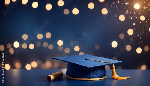 A graduation cap and diploma placed on a blue background with bokeh lights scattered around