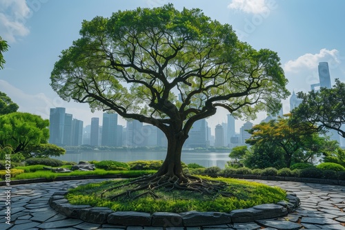 Majestic Tree in Lujiazui Park, Shanghai with Urban Skyline and River View photo