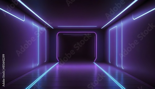 A modern hallway featuring neon lights casting a vibrant glow on sleek surfaces, creating a dynamic and futuristic atmosphere