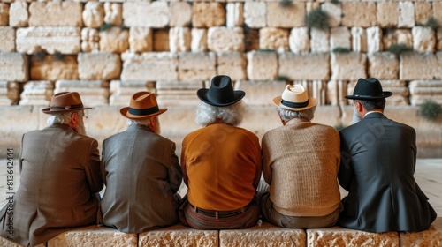 Five Elderly Men in Various Hats Sitting Together at the Western Wall in Quiet Reflection