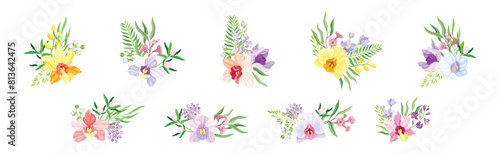 Exotic Bouquet of Orchid and Blooming Twig Vector Set