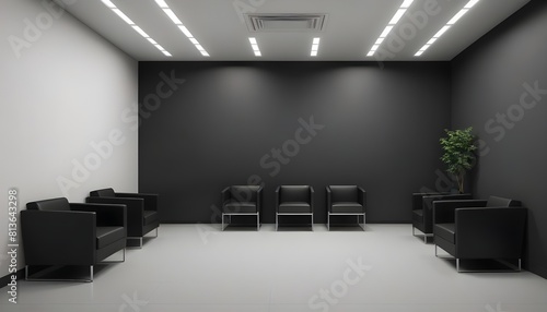 A simple waiting room with black chairs lined against a white wall  devoid of any people or activity