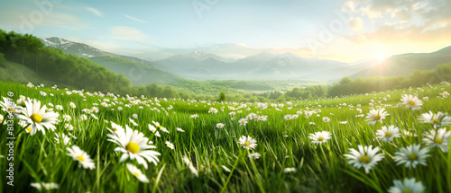 Idyllic summer landscape with lush green hills and daisy fields under a clear blue sky. Generative AI 