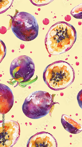 Passion fruit watercolor pattern on pale yellow background