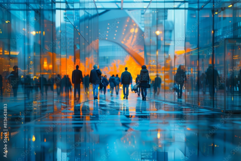 A group of people walking in a city with a blue sky background A group of people walking in a city with a blue sky background