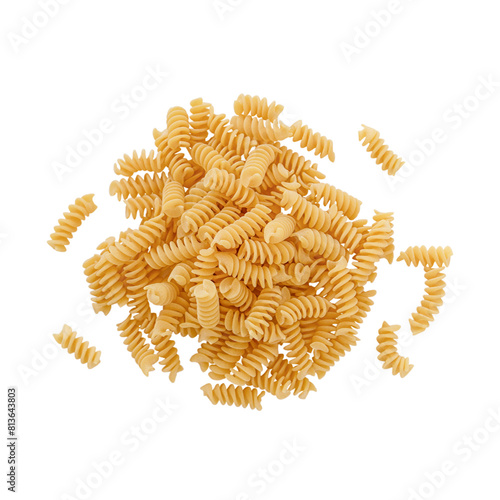 Handful of raw fusilli isolated on white background. Stack of uncooked Fusilli with transparent background.