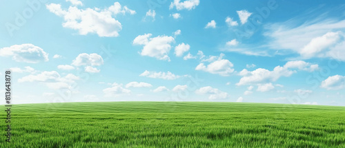 Expansive lush green field under a clear blue sky with fluffy clouds. Generative AI 