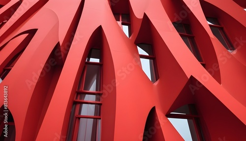 A red building featuring intricate wavy lines in its architectural design