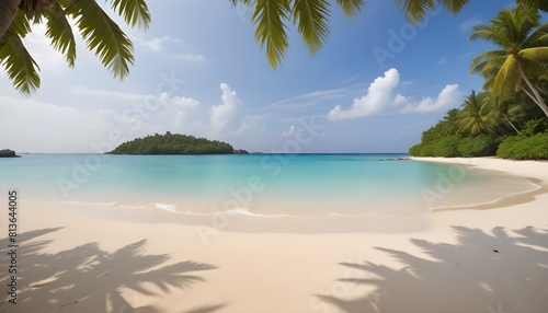 A tropical scene featuring a white sandy beach  palm trees  and crystal-clear blue water under a clear sky