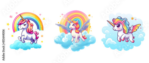 Cute unicorn cartoon with rainbow effect on transparent Background. PNG background.