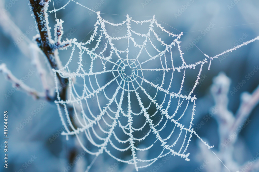 The delicate patterns of frost on a spider web, with its intricate threads and icy crystals. The delicate patterns of frost on a spider web, with its intricate threads and icy crystals.