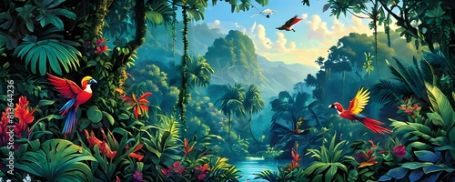 illustration of an enchanted fairy tale jungle inhabited by magical fantasy animals in vibrant colors