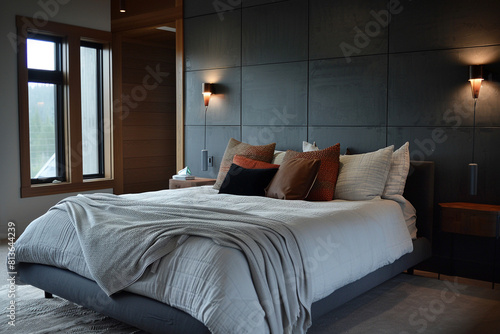 Contemporary master bedroom with a slate gray feature wall, a low-profile bed, and ambient sconce lighting.