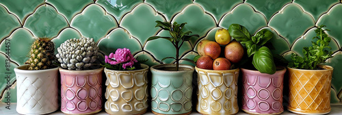 A row of colorful pots with plants and fruit in them