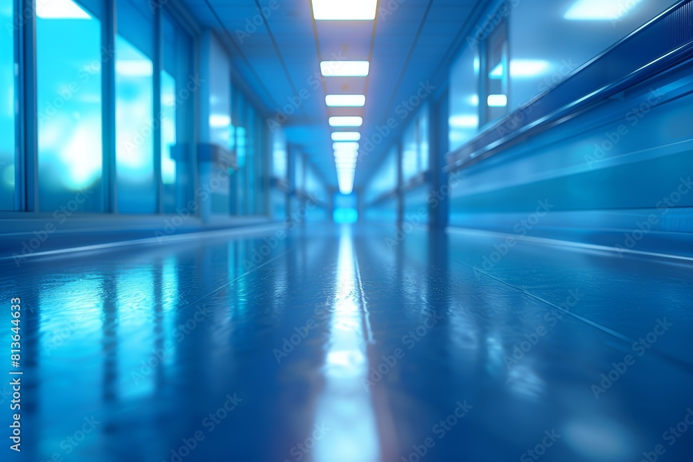 Blurred background of hospital corridor with panoramic windows and white floor. Closeup with bokeh effect high resolution photography. Blurred background of hospital corridor with panoramic windows and white floor. Closeup with bokeh effect high resolution photography.