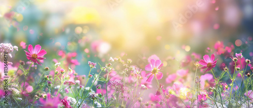  Dreamy floral meadow in radiant sunlight. Generative AI 