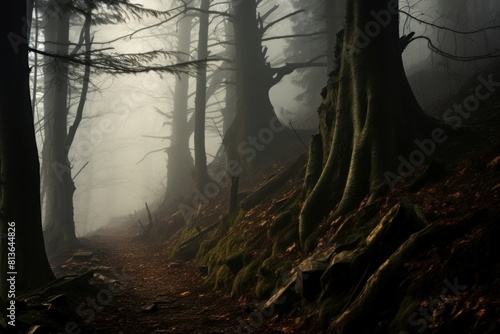 Serene, enigmatic pathway meanders through an ancient mist-shrouded forest photo