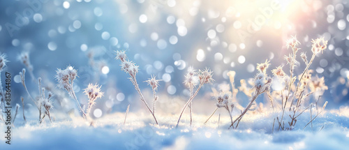  Winter wonderland with frost-covered plants and sparkling snowflakes at sunrise. Generative AI 