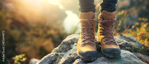 Hiker's boots on a mountain trail with scenic valley view. Generative AI	
