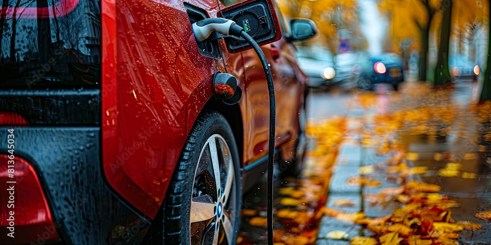 Fototapeta premium A red car is parked on a wet street with leaves on the ground