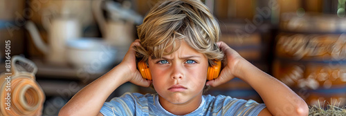 A boy wearing orange earmuffs and a blue shirt is looking at the camera