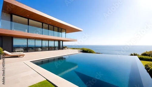 A contemporary house with a swimming pool on a cliff, offering stunning views of the ocean and horizon