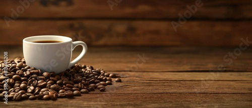 White coffee cup on a wooden table surrounded by coffee beans. Copy space. Generative AI	