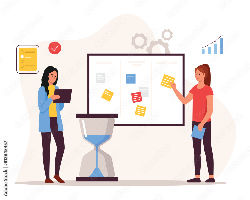 Vector illustration of a business presentation isolated on white background. Cartoon scene of a girl attaching stickers to a whiteboard with a table, a girl holding a tablet, hourglass, a schedule. Vector illustration of a business presentation isolated on white background. Cartoon scene of a girl attaching stickers to a whiteboard with a table, a girl holding a tablet, hourglass, a schedule.