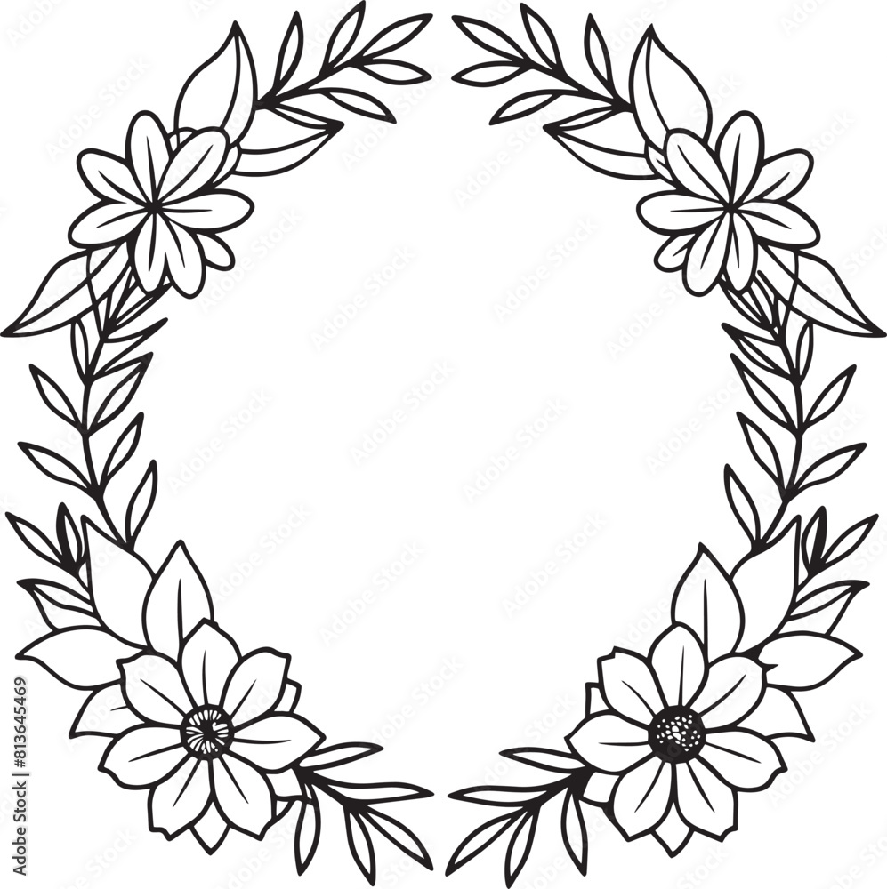 Illustration of floral frame with dahlias in black and white Illustration of floral frame with dahlias in black and white
