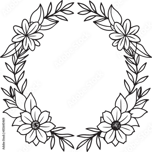 Illustration of floral frame with dahlias in black and white