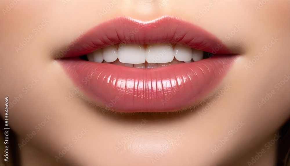 A detailed view of a womans lips, showcasing texture, color, and shape A detailed view of a womans lips, showcasing texture, color, and shape