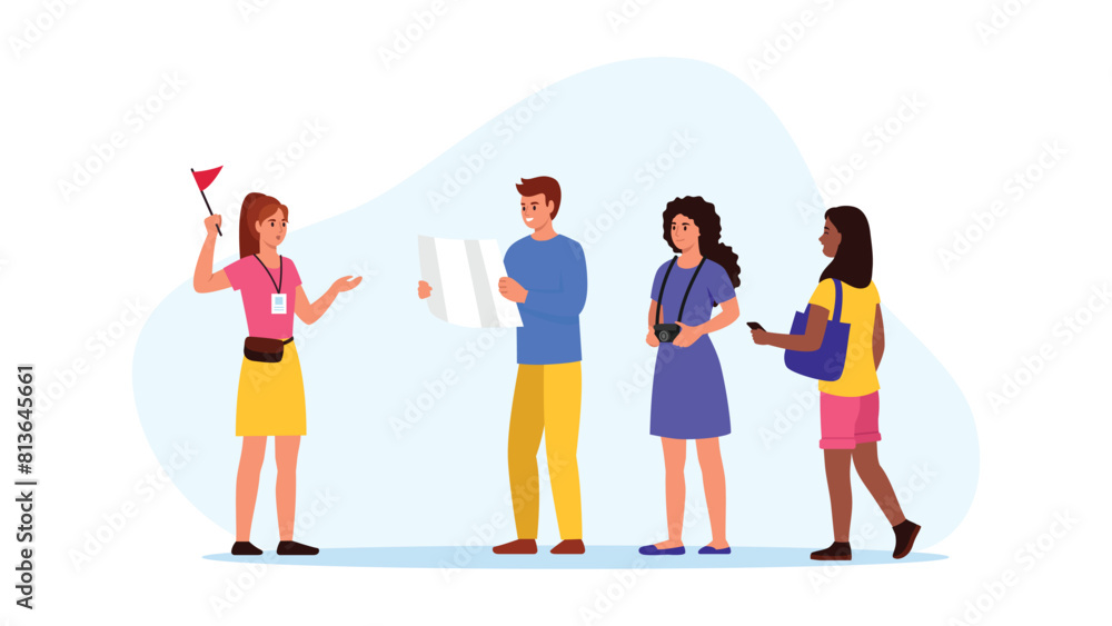 Fototapeta premium Vector illustration of a tourist guide girl. Cartoon scene of a pretty girl tour guide holding a red flag, with badge, guy with map, girl with camera, smartphone isolated on white background.