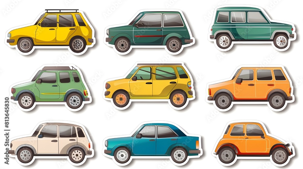 Set of four different colored cars on a plain white background. Suitable for automotive concepts